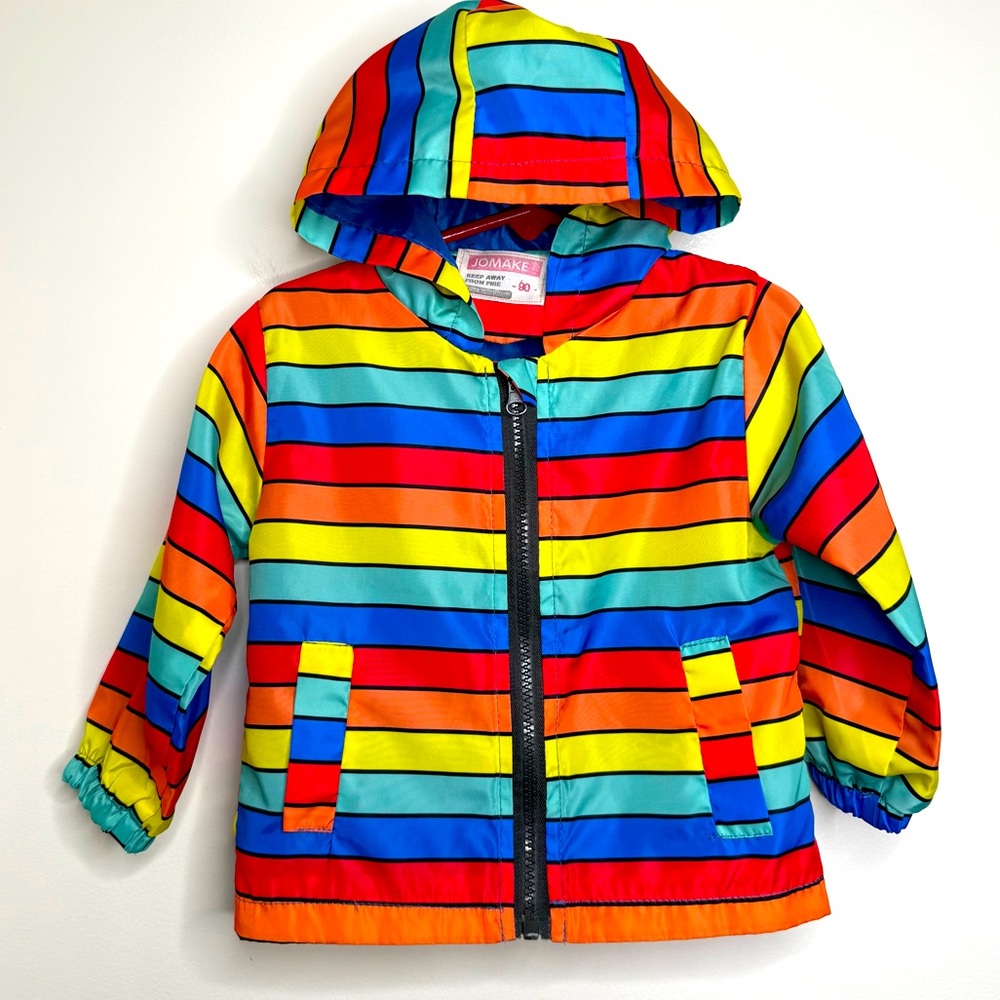 Multicolored Stripe Toddler Jacket w/ hood Size 90 approx a 2t Lightweight